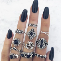 Tocona Vintage Black Crystal Stone Silver Color Rings for Women Boho Geometric Carve Flowers Moon Ring Jewelry Wedding anillos