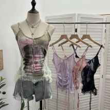 ISAROSE Y2K Summer Camisole for Women Sleeveless Adjustable Beads Straps Stretch Side Lace Patchwork One Size Short Slim Tops