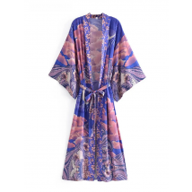 2021 Bohemian Women Blue Space Moon Flower Print Kimono Shirt BOHO Beach Tide Bow Sashes Maxi Long Cardigan Blouse Holiday Tops