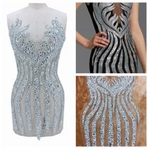 8 colour handmade sew on silver/red/golden rhinestones applique on mesh  sequins trim patches 65*34cm for dress DIY accessories