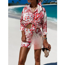 Women's Shirt Sets Fashion Printed Summer Long Sleeve Shirt + Shorts 2 Pieces Set 2023 Lady Vintage Holiday Beach Casual Outfits