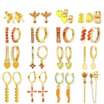925 Sterling Silver Ear Buckles Fashion Hoop Earrings Orange/Yellow Crystal Pendants Gold Earrings High Jewelry Gifts for Women