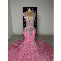 Charming Pink Prom Party Dresses 2026 Glitter Beading Diamonds Crystal Birthday Dress Sequins Gown For Black Girls Customized