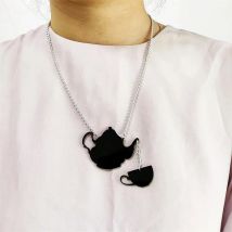 KUGUYS Fashion Acrylic Jewelry Women Black Teapot Pendant Necklace for Mens Silver Color Chain HipHop Rock Necklaces