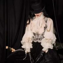 Vintage Gothic Lolita Long Sleeve Woman Blouse Retro Lantern Sleeve Shirt Y2k Aesthetic Lace Patchwork Tops Cospaly JK Spring