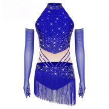 Womens Latin Figure Skating Dance Leotard Dress Sleeveless Back Hollow Out Tassel Skirted Bodysuit+Mesh Gloves Outfit Dancewear
