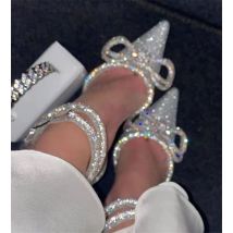 Glitter Rhinestones Women Pumps Crystal Bowknot Satin Sandals 2026 Summer Transparent Shoes High Heels Party Prom Designer Shoes