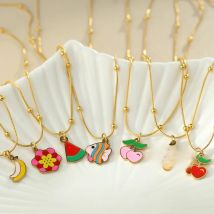 Rustproof Colorful Enamel Fruit Pendant Necklace Stainless Steel Jewelry for Women Banana Fish Peach Flower Dainty Gift