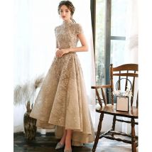 Luxury Evening Dresses Short Sleeves Lace Beaded Short Front Long Back Formal High Neck A-Line Wedding Celebrity Prom Gowns New