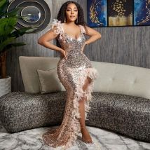 Sexy Sequins Feathers Mermaid Evening Dresses for Women Elegant Party Wedding Guest Dress Backless Side High Split Long Dress