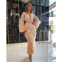 Champagne Feather Lace Cocktail Dresses Long Pagoda Sleeve V Neck Ankle Length Short Prom Gown Party Dresses sukienki koktajlowe