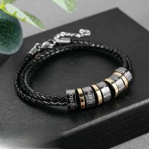 Custom Bracelet Men Name Black Charms Beads Bracelet Personalized Men's Jewelry Genuine Leather Braided Bracelet Christmas Gift