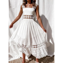 Women's Dress White Hollow Out Cotton Sundress Lace Sleeveless Long Splicing Summer Party Elegant Evening Woman Skirt Clothing