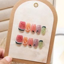 10Pcs Handmade Press on Nails Sweet Cute Fruit Full Cover Butterfly Rhinestone Short Square Ballerina Wearable Fake Nails Tips