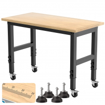 48" Heavy-Duty Adjustable Workbench with Brake Wheels,Hardwood Worktable Weight Capacity Over 2000 Lbs,Rubber Wood Workbench