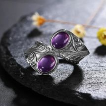925 Sterling Silver New Design Punk Hiphop Ring With Two Amethyst For Men and Women Jewelry Party Birthday Gift