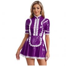 Womens Short Sleeve Lace Trim Fancy Maid Servant Uniform Ladies Cafe French Maid Latex Dress with Apron Cosplay Party Costume