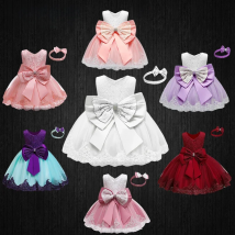 2Pcs/Set 1 - 5 Years Baby Girl Lace Flower Birthday Party Christening Dresses with Bow Infants Ball Gown Elegant Newborn Dress