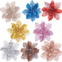 5PCS Christmas Flowers Red Glitter Powder Flower Heads For Noel Home Tree Ornaments Navidad Party Table Setting Decor Supplies