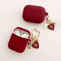 Vintage Roses Pearl Keychain Wine Red Silicone Earphone Case For Apple Airpods 3 4 Pro 2 Bluetooth Headset Cover Sweet Cute