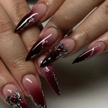 24Pc False Nails with Glue Almond Black Red Gradient Design Detachable Rhinestone Acrylic Fake Nail Long Stiletto Press on Nails