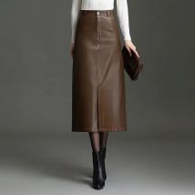 ZUZK Women PU Leather Bodycon Skirts New Autumn Winter Front Slit High Waist Long Straight Fashion Skirt Pocket Warm Pu Skirt