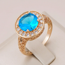 Kinel New Big Blue Natural Zircon Ring For Women Fashion 585 Rose Gold Ethnic Hollow Flower Fine Wedding Jewelry Crystal Gift