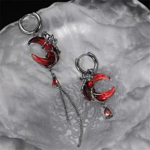 Asymmetry Red Moon Rose Earrings for Women European American Style Personality Crystal Drop Pendant Earrings Jewelry