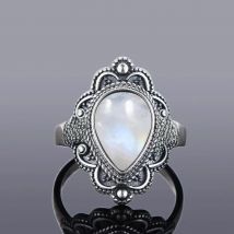 Vintage 925 Sterling Silver Rings Water Drop Shaped Natural Moonstone Ring Flower Shape Fine Jewelry Finger Rings for Women