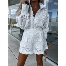 Vintage White Lace Shirt Shorts Sets Women Spring Summer Long Sleeve Button Top Shorts 2 Piece Set Elegant Party Outfits Femme
