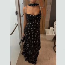 Leisure Polka Dot Long Sling Dress With Scarf Elegant Fit Backless Retro Ruffles Dress Summer New Sleeveless Evening Party Dress