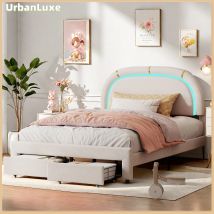 UrbanLuxe Letto imbottito 140x200 cm con 2 cassetti, letto con contenitore, letto singolo, rete a doghe, flanella beige