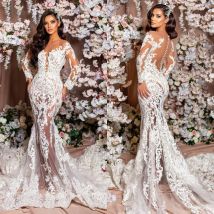 Abito da sposa sexy a sirena personalizzato manica lunga collo trasparente applicazioni in pizzo illusione abiti da sposa Arabia Saudita robes de mariée