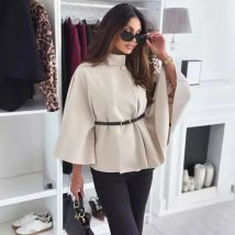 Elegant Solid Cape Fashion Office Lady Button Half Turtleneck Bat Sleeve Belt Coat Autumn Commuting Woolen Women Clothing
