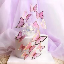 Butterfly Chiffon Valentine's Day Cake Toppers Pink Butterfly Birthday Cupcake Topper for Birthday Party Baking Cake Decorations