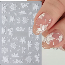3D White Flower Nail Art Stickers Cute Floral Adhesive Sliders Acrylic Decoration Decals DIY Nail Charms Adhesive Accessories