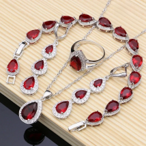 Water Drop Silver 925 Jewelry Red Ruby White Topaz Jewelry Sets Women Long Earrings/Pendant/Necklace/Rings/Bracelet Dropshipping