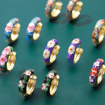 Boho Multicolor Enamel Flower Hoop Earrings for Women Vintage Drop Oil Gold Color Circle Round Earrings Statement Jewelry Gifts