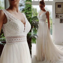 LORIE Bohemian Wedding Dresses V Neck Appliques Lace Tulle Ivory Elegant Customized Gowns A-Line Bride Boho vestidos de novia