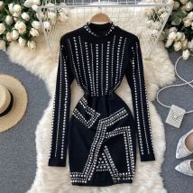 Women Design Beading Dress Korean Fashion Long Sleeve Stand Collar Slim Dresses Autumn Bodycon Streetwear Short Dress