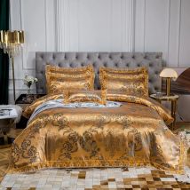 Luxury Euro Gold Satin Jacquard Lace Bedding Set Soft Silky Single Queen King Double Duvet Cover Set Bed Sheet Set Pillowcases