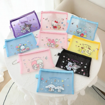 Sanrio Mesh Zipper Pencil Bag Hello Kitty Cinnamoroll Kuromi Student Storage Case Transparent