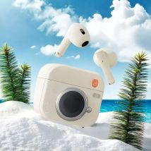 Q86 Retro Camera Leather Good Design Wireless Earbuds Semi-In-Ear Earphones with Screen Digital Display and Gaming Low Latency