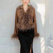 women See-through top with real ostrich feather brown black cropped jacket top bolero