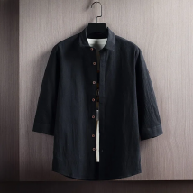 Wetailor New Summer Hot Sale Men's Short Sleeve Shirts Solid Color Easy Care Comfortable Stand-Up Collar Casual Beach Style