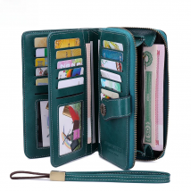 RFID anti-theft brush Retro large capacity long wallet Multi-card women's wallet Multi-function zipper wallet with wrist strap