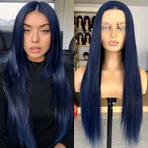 Dark Blue Long Silky Straight Synthetic Lace Front Wig Free Part Natural 13x4 Frontal Colored Wigs for Women Daily Party Cosplay