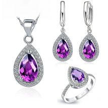 925 Sterling Silver Wedding Bridal Jewelry Sets CZ Crystal Water Drop Cubic Zircon Necklace Earrings Ring  Birthday Gifts