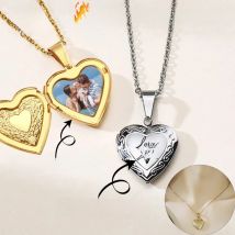 Vnox Customize Picture Name Women Necklaces Heart Locket Pendant Family Image Personalized Anniversary Gift