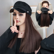 XIYUE Navy Hat With Hair Long Straight Fake Hair Hat Wig Synthetic Hair Extensions Hat With Hair Natural Hairpiece For Women